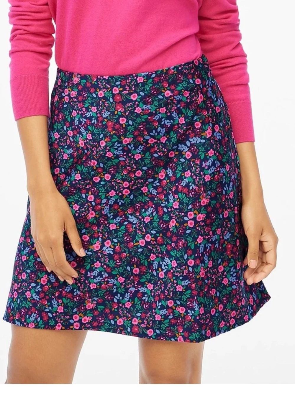 J. Crew Navy mini slip Skirt with Pink & Green Floral Print